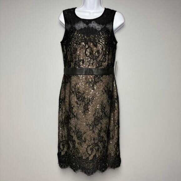 NWT Mikael Aghal Gold Sequin Black Lace Formal Mini Dress Sz 8 - Picture 1 of 8